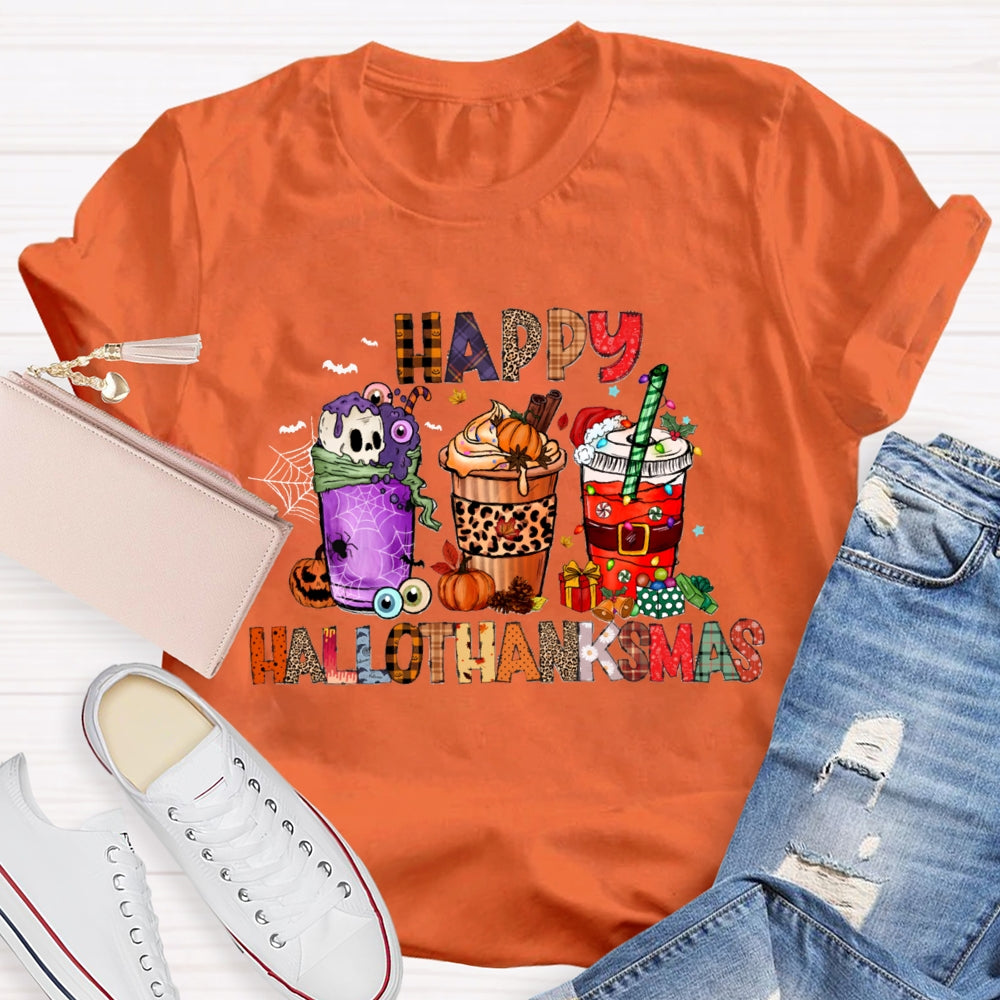Happy Hallothanksmas Funny Colorful Coffee Cups T-shirt