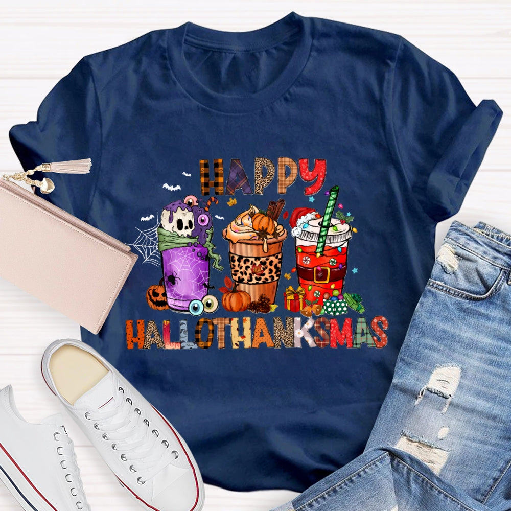 Happy Hallothanksmas Funny Colorful Coffee Cups T-shirt