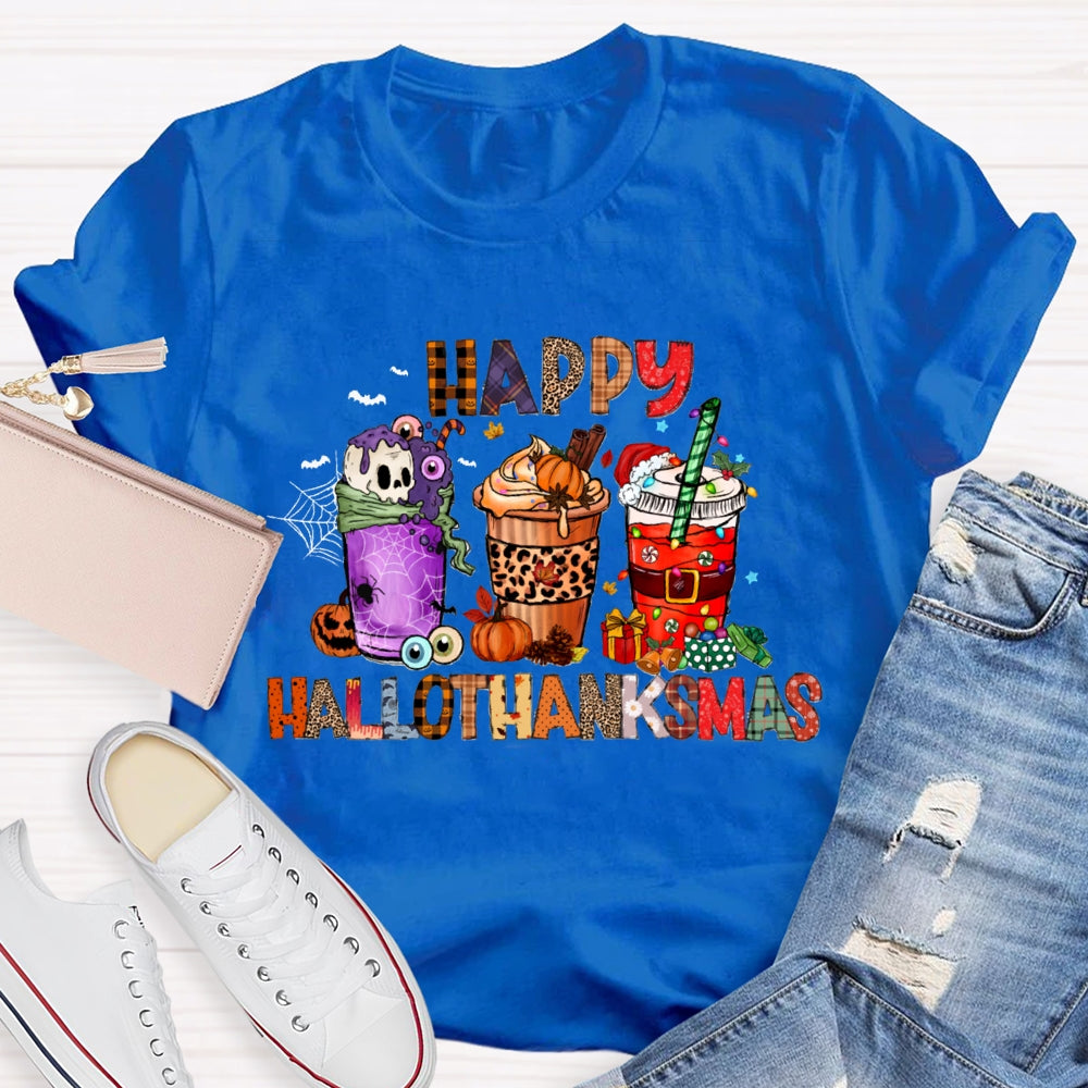 Happy Hallothanksmas Funny Colorful Coffee Cups T-shirt
