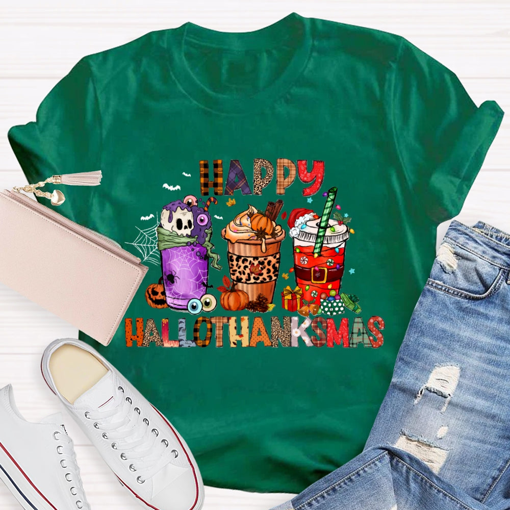 Happy Hallothanksmas Funny Colorful Coffee Cups T-shirt