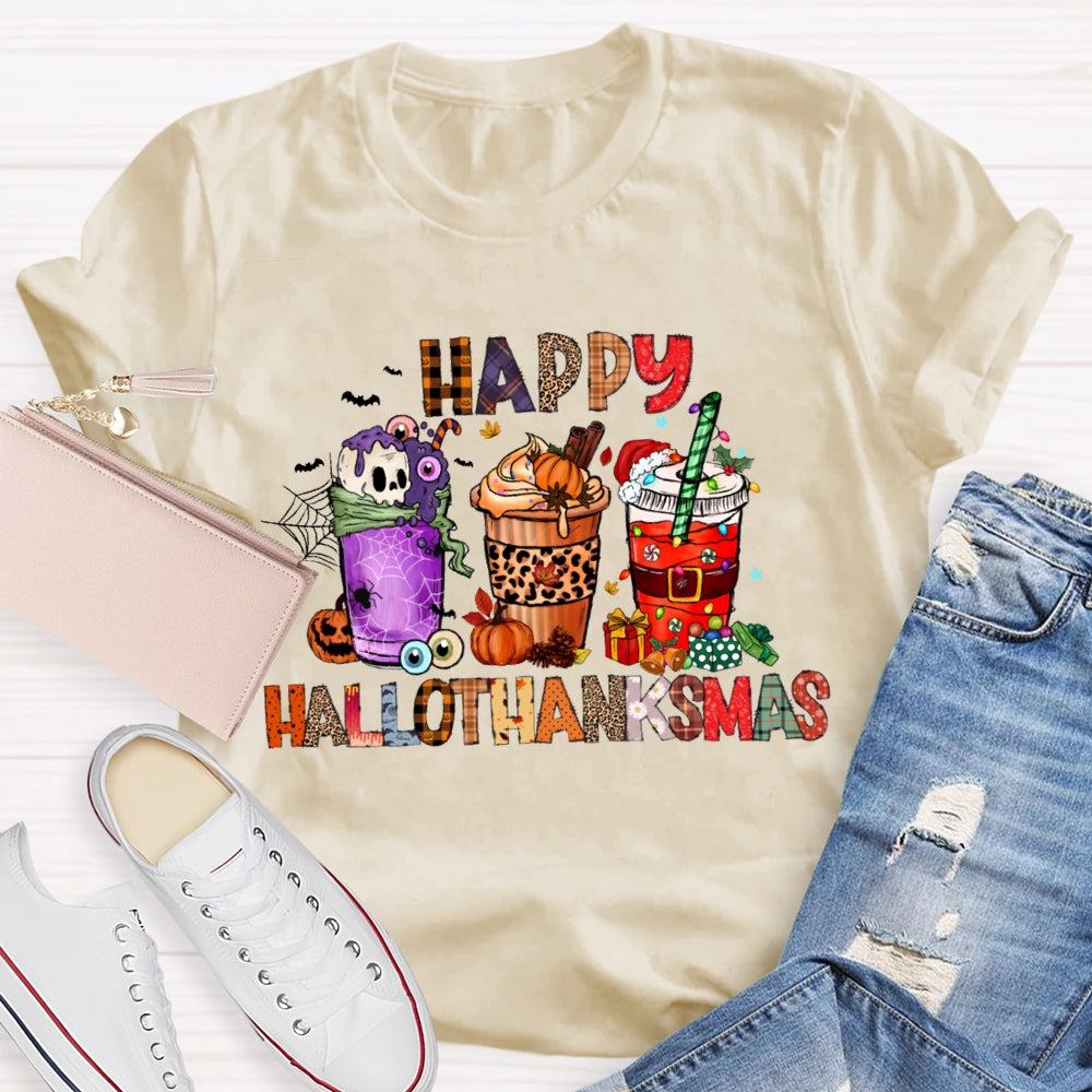 Happy Hallothanksmas Funny Colorful Coffee Cups T-shirt