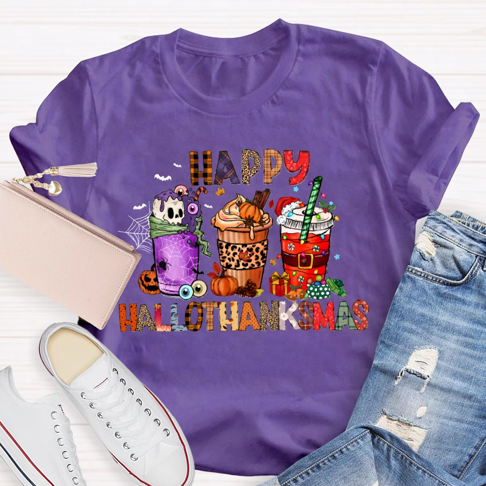 Happy Hallothanksmas Funny Colorful Coffee Cups T-shirt