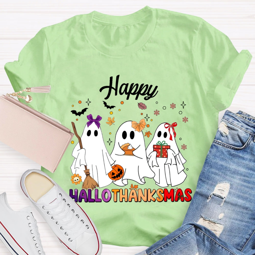 Happy Hallothankmas Three Cute Ghosts Holding Gifts T-shirt