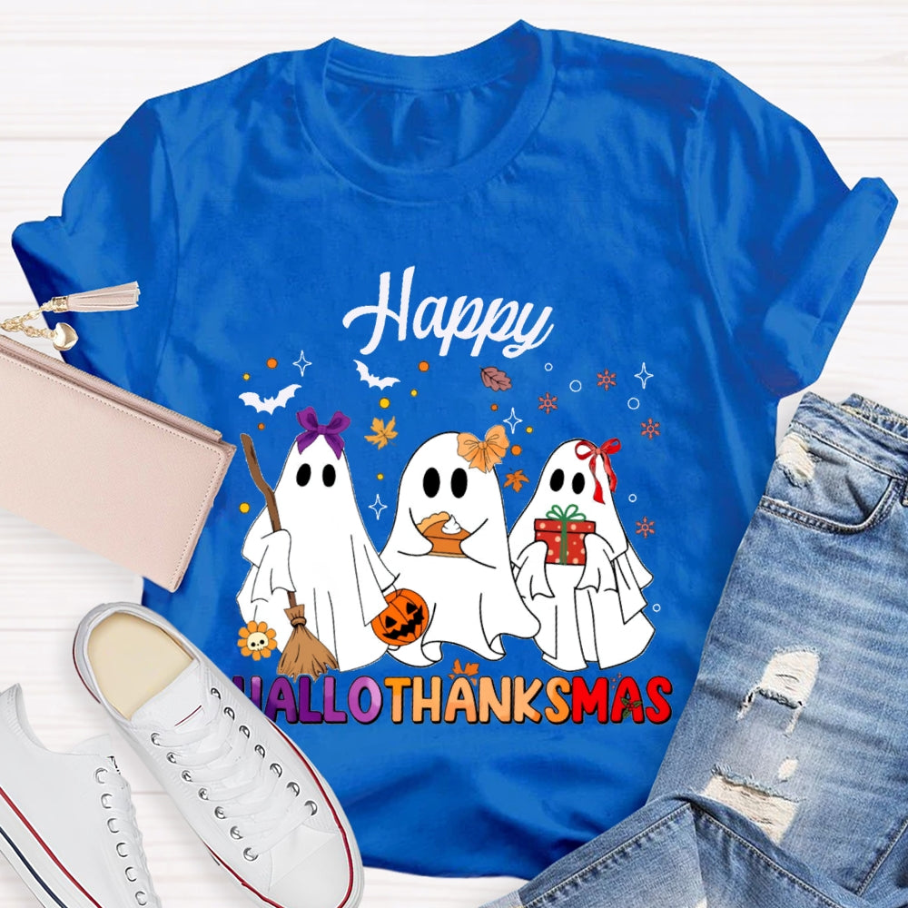 Happy Hallothankmas Three Cute Ghosts Holding Gifts T-shirt