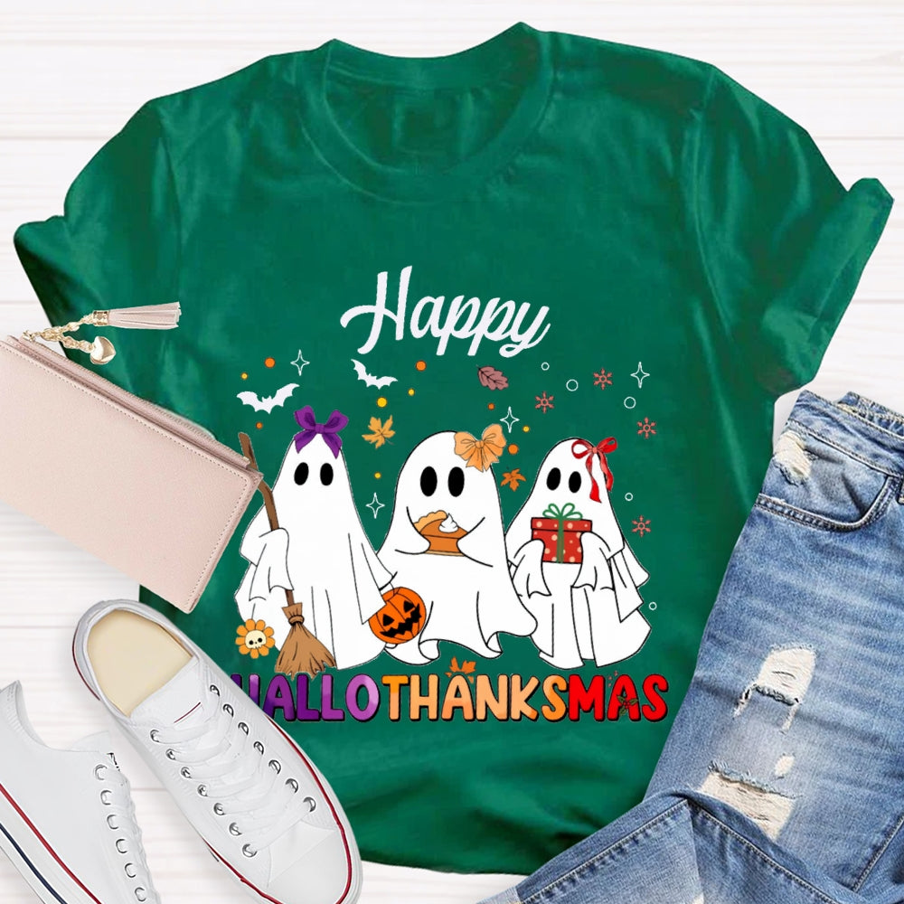 Happy Hallothankmas Three Cute Ghosts Holding Gifts T-shirt