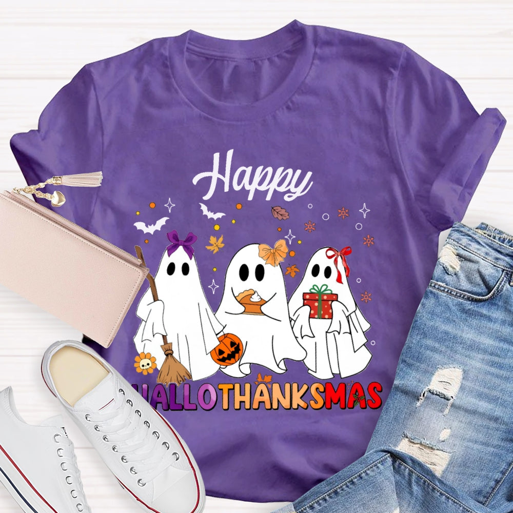Happy Hallothankmas Three Cute Ghosts Holding Gifts T-shirt
