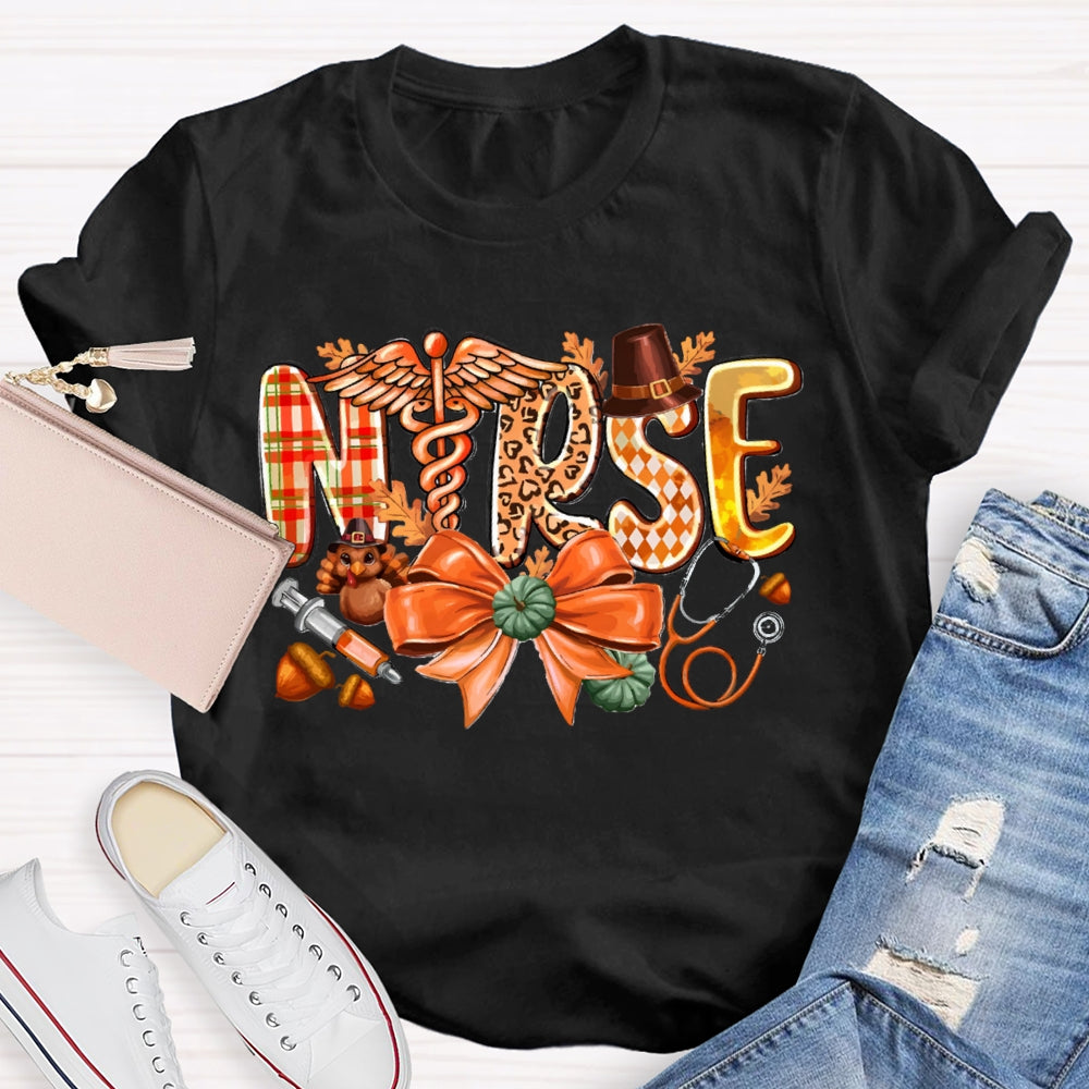 School Nurse Pumpkin Bow Funny Halloween T-shirt