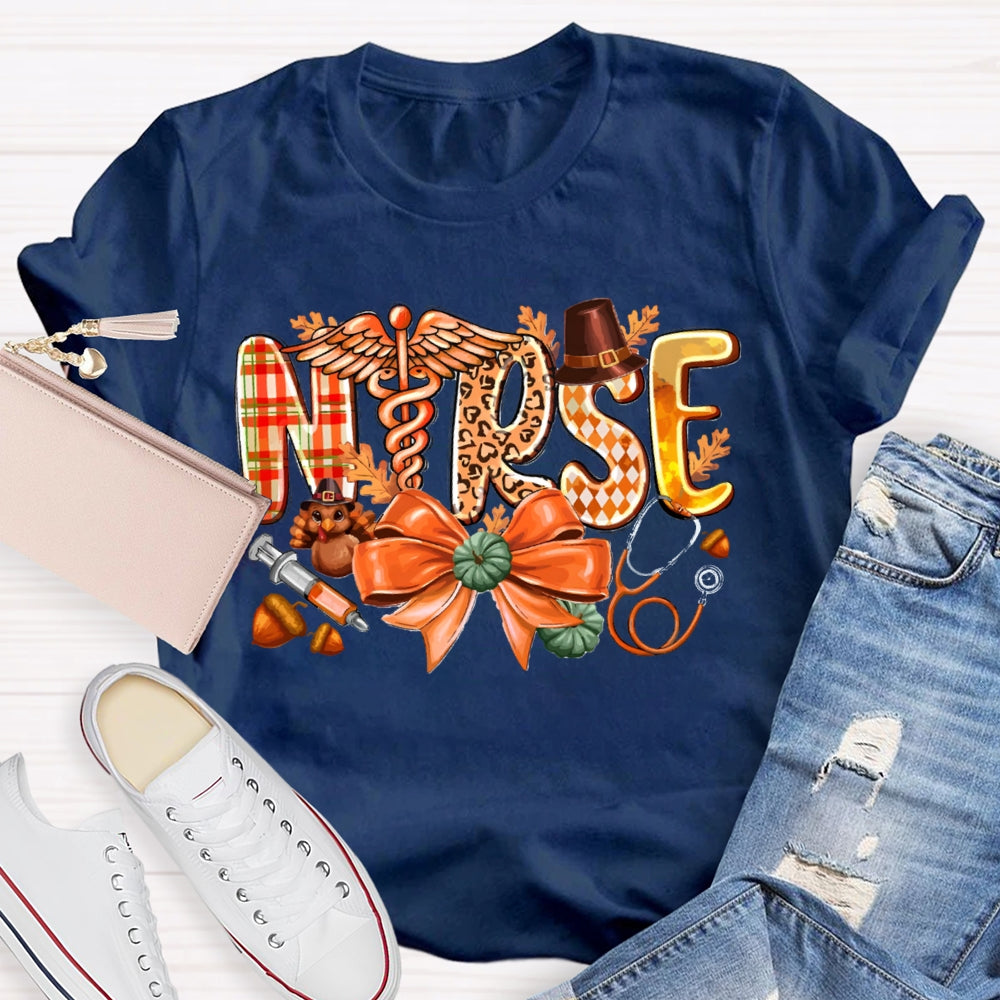 School Nurse Pumpkin Bow Funny Halloween T-shirt