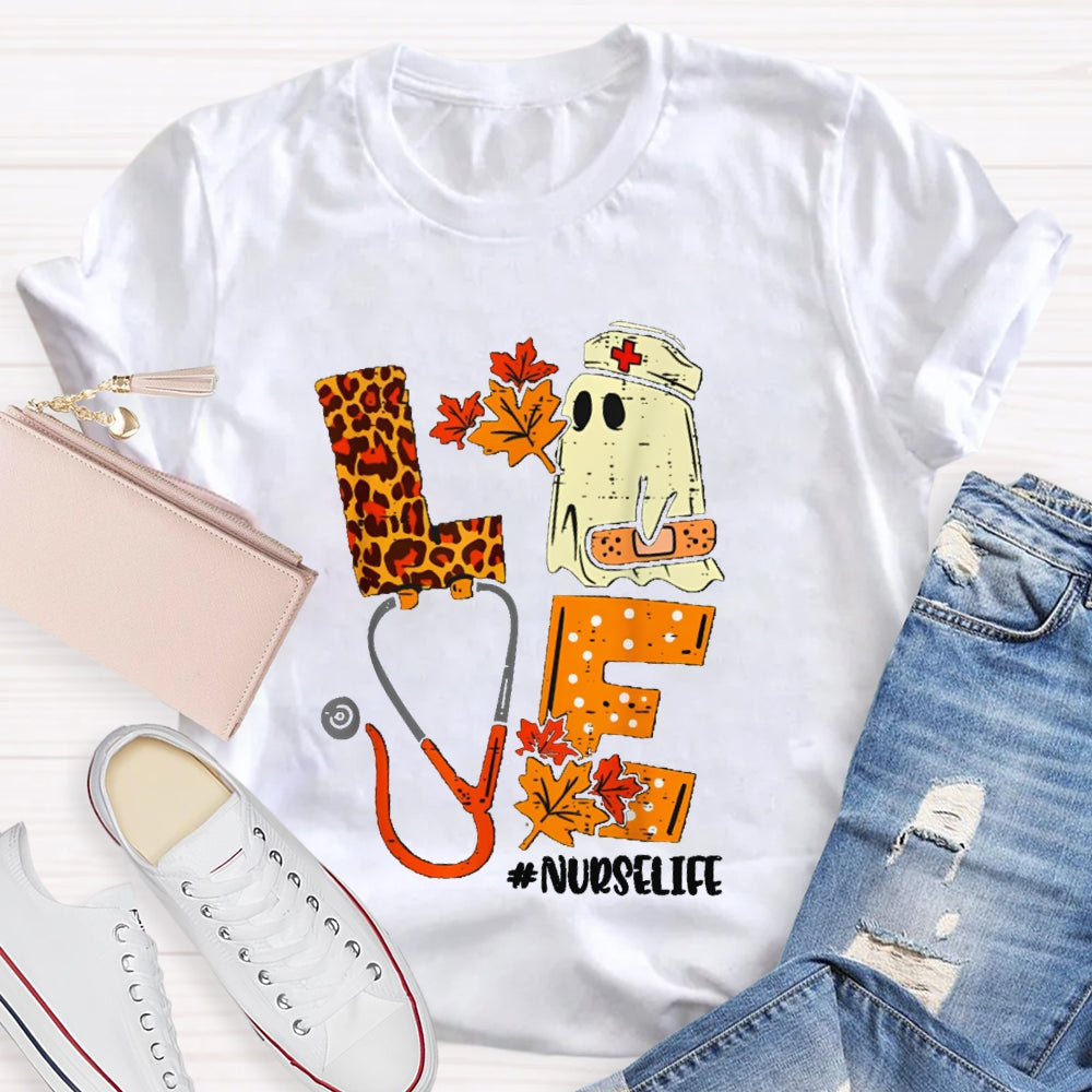 Love Nurselife Cute Ghost Nurse And Leopard Print Font T-shirt