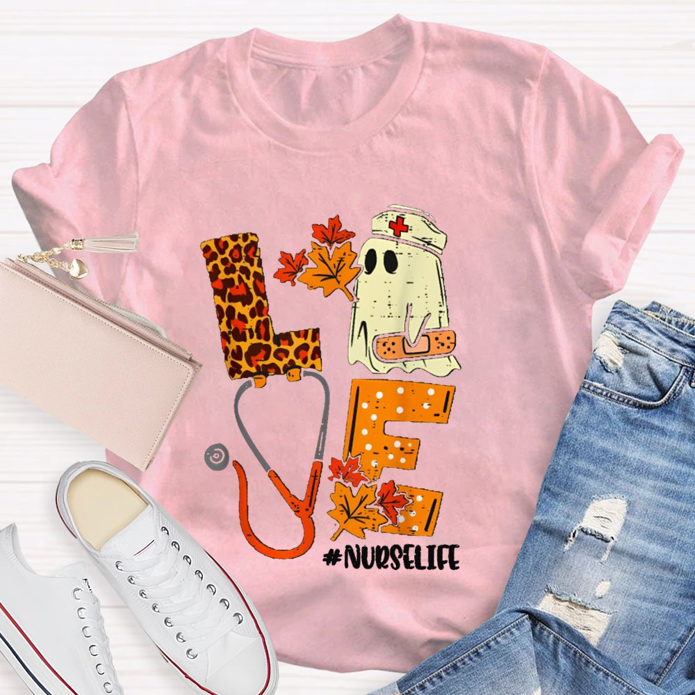 Love Nurselife Cute Ghost Nurse And Leopard Print Font T-shirt