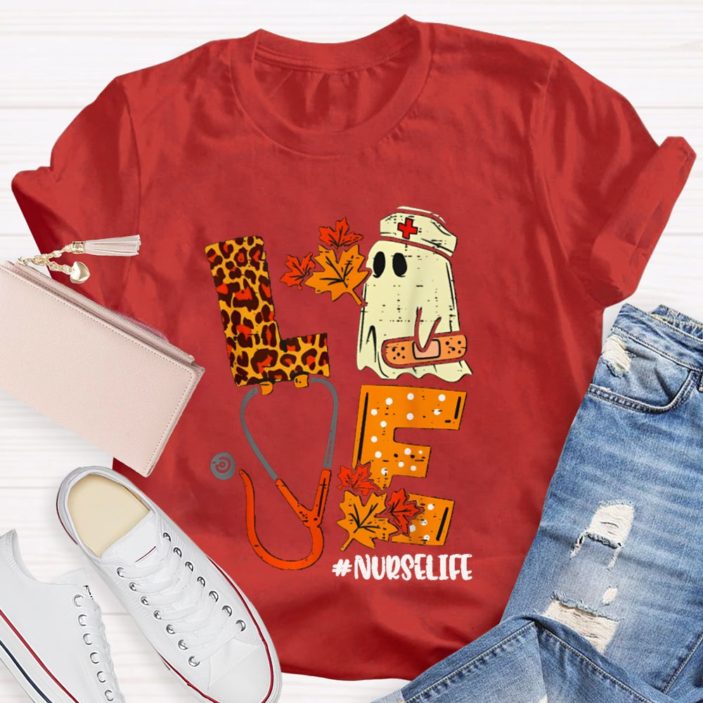 Love Nurselife Cute Ghost Nurse And Leopard Print Font T-shirt