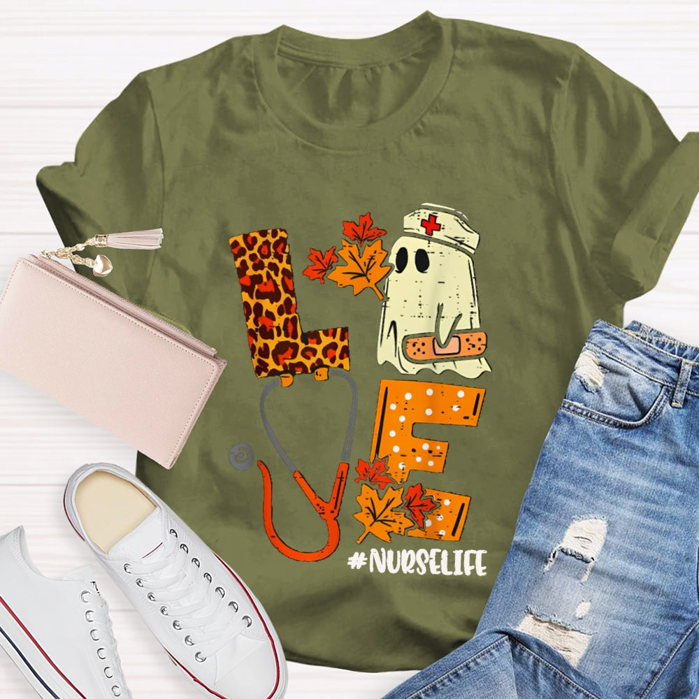 Love Nurselife Cute Ghost Nurse And Leopard Print Font T-shirt
