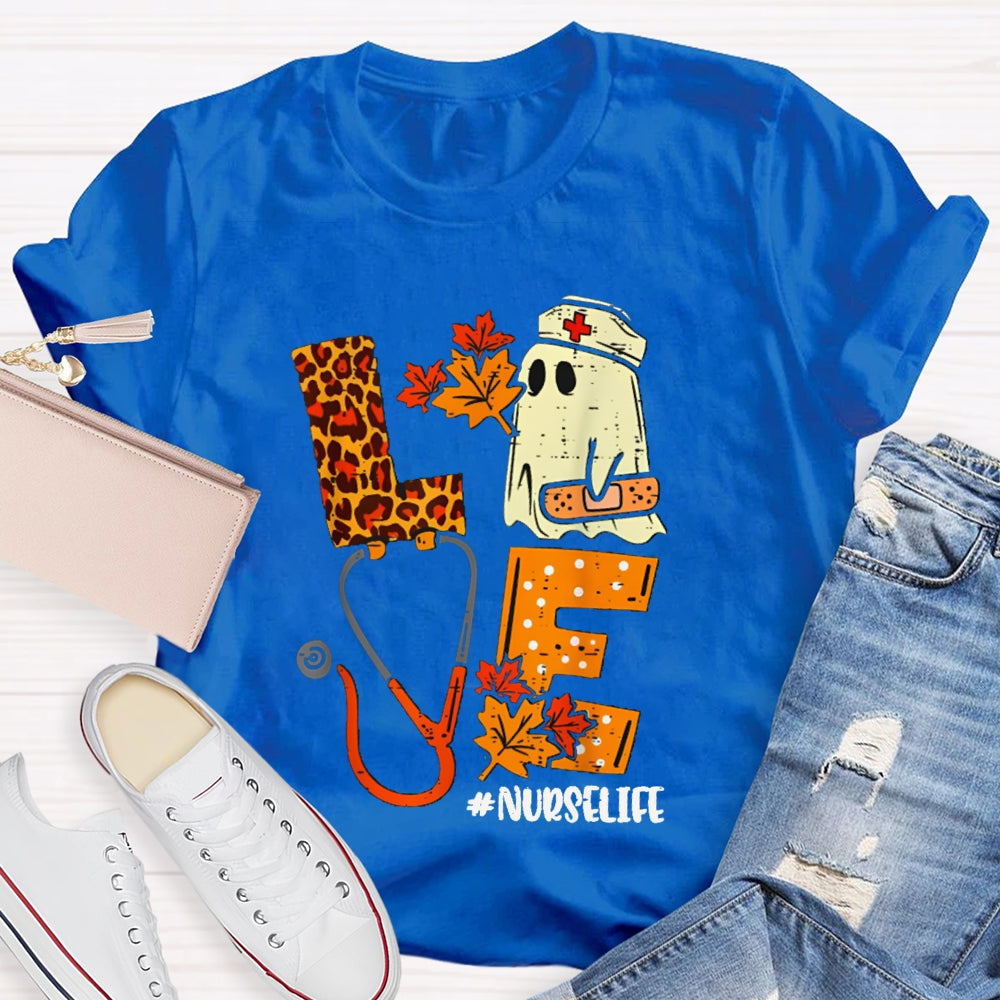 Love Nurselife Cute Ghost Nurse And Leopard Print Font T-shirt
