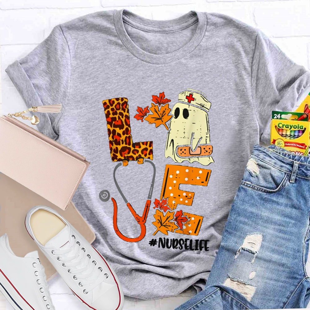 Love Nurselife Cute Ghost Nurse And Leopard Print Font T-shirt