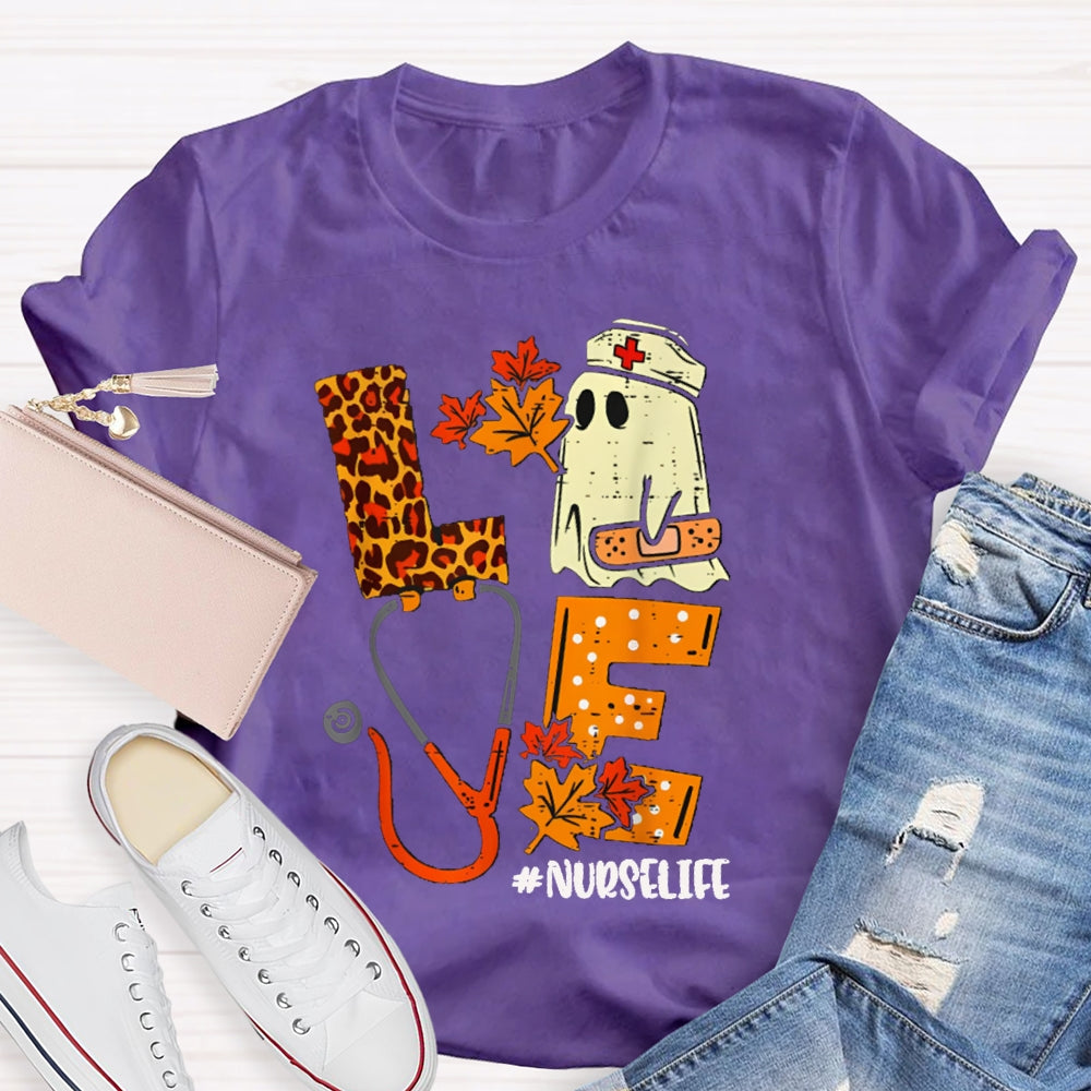 Love Nurselife Cute Ghost Nurse And Leopard Print Font T-shirt