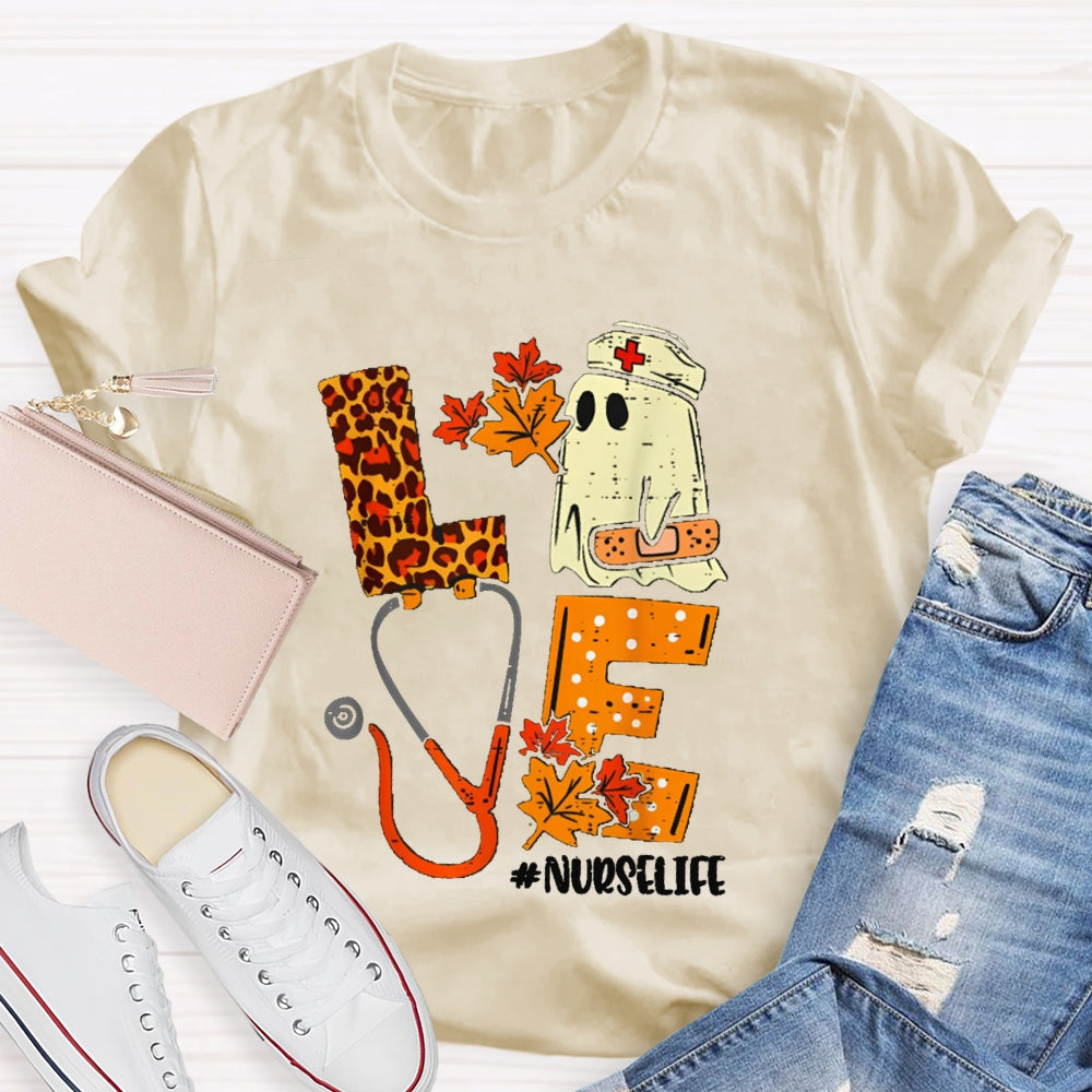 Love Nurselife Cute Ghost Nurse And Leopard Print Font T-shirt