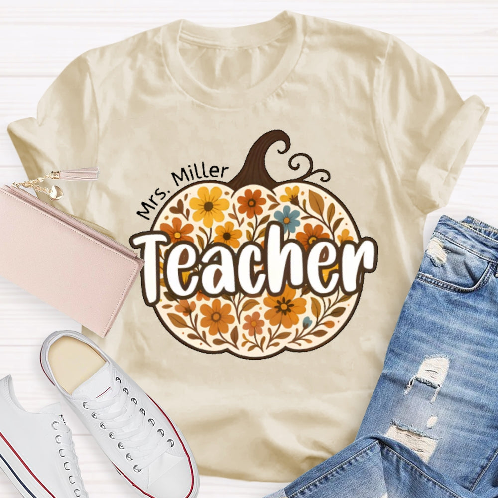 Personalized Name Teacher Pumpkin Flowers T-shirt