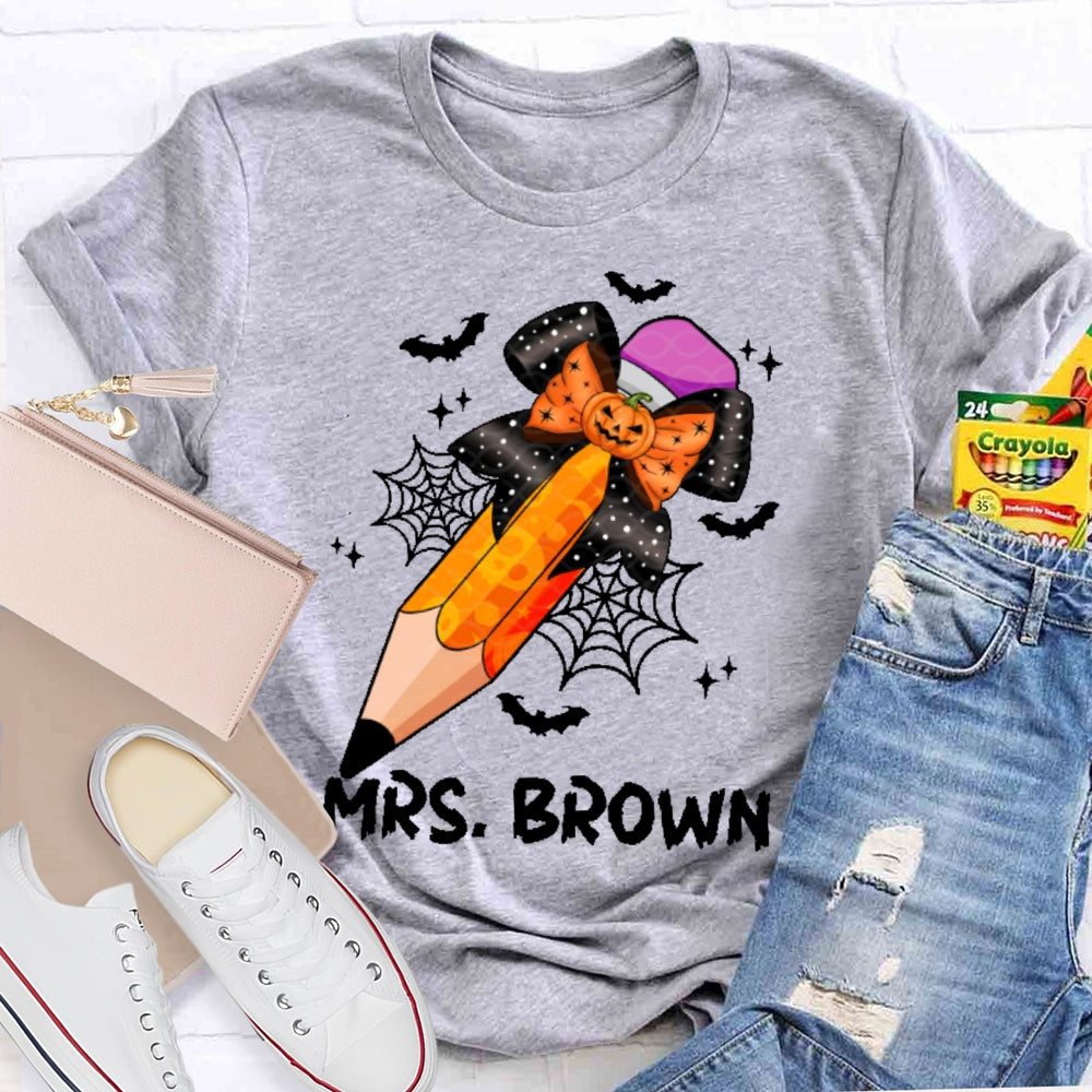 Personalized Name Teacher Pencil Pumpkin For Halloween T-shirt