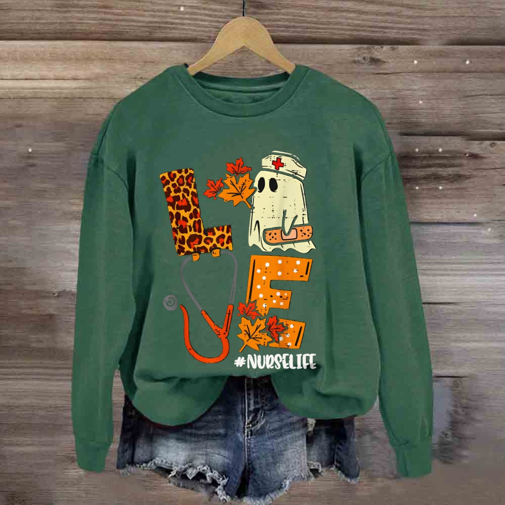 Love School Nurse Life Leopard Print Font And Maple Leaves sweatshirt