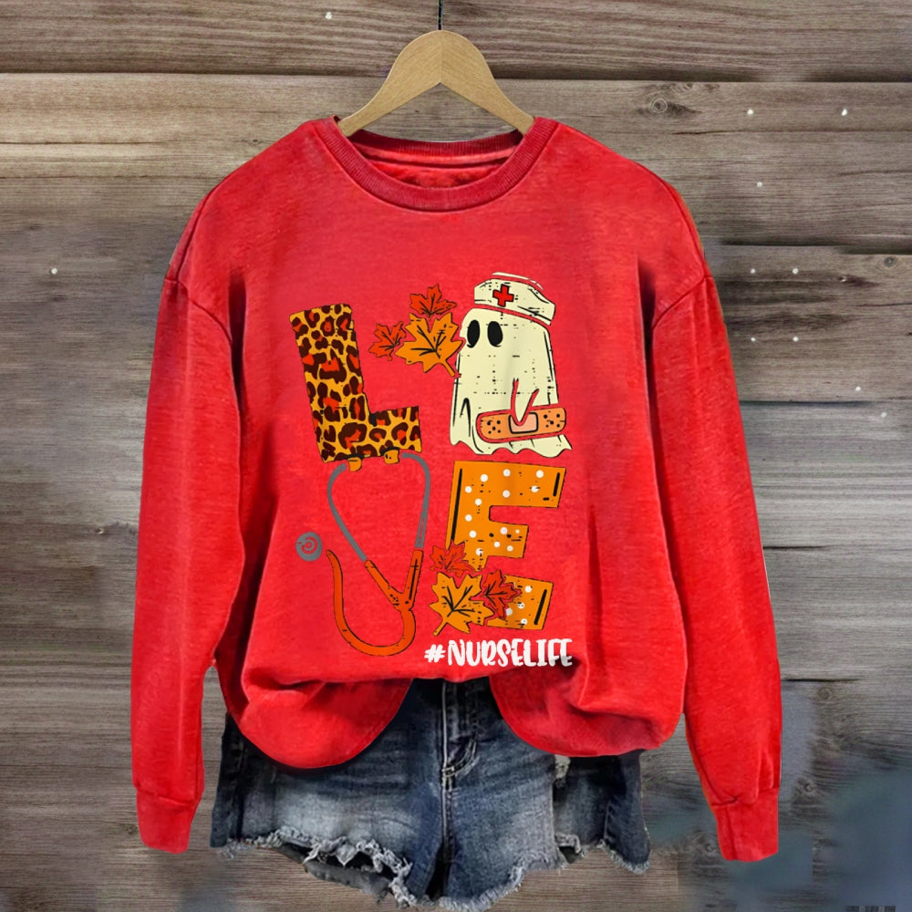 Love School Nurse Life Leopard Print Font And Maple Leaves sweatshirt