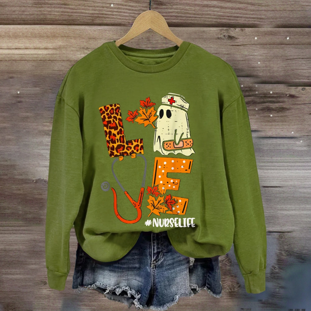 Love School Nurse Life Leopard Print Font And Maple Leaves sweatshirt