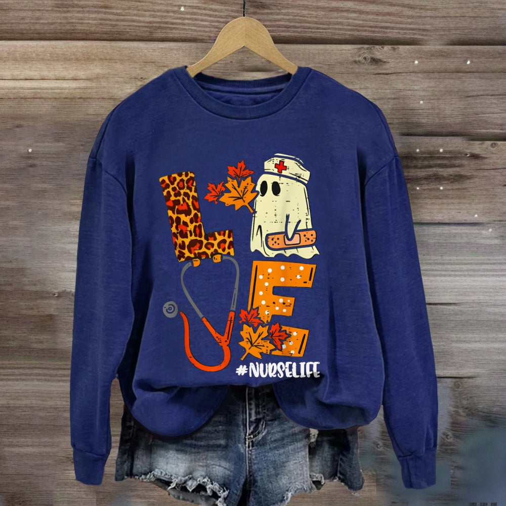 Love School Nurse Life Leopard Print Font And Maple Leaves sweatshirt
