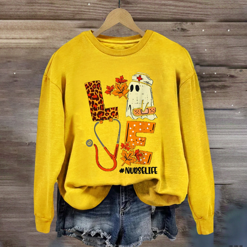 Love School Nurse Life Leopard Print Font And Maple Leaves sweatshirt