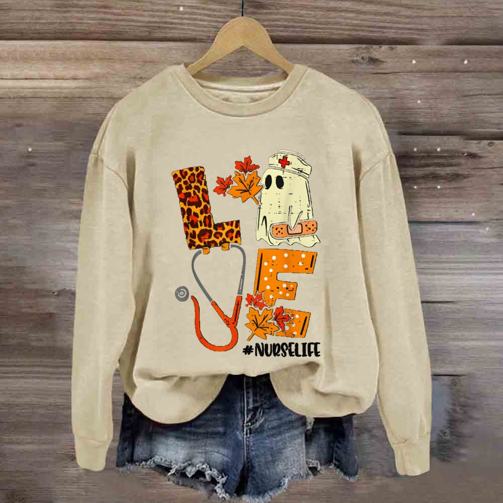 Love School Nurse Life Leopard Print Font And Maple Leaves sweatshirt