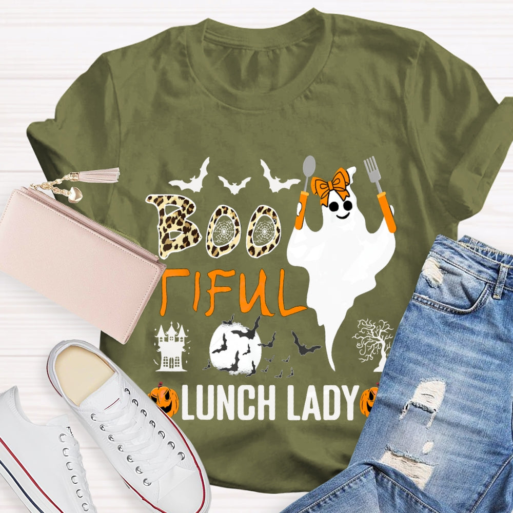 Boo Tiful Lunch Lady Ghost Holding Cooking Utensils T-shirt