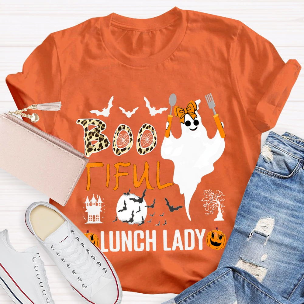 Boo Tiful Lunch Lady Ghost Holding Cooking Utensils T-shirt