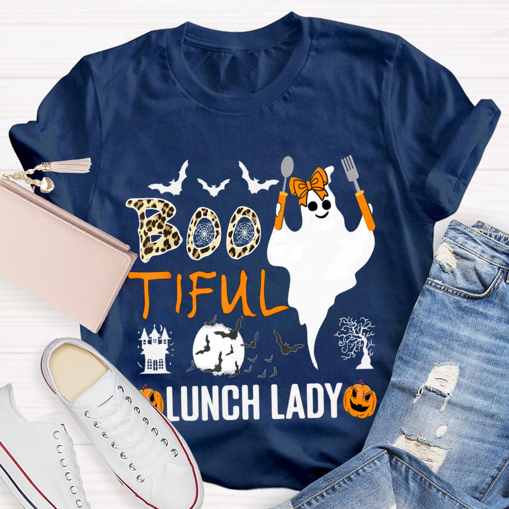 Boo Tiful Lunch Lady Ghost Holding Cooking Utensils T-shirt