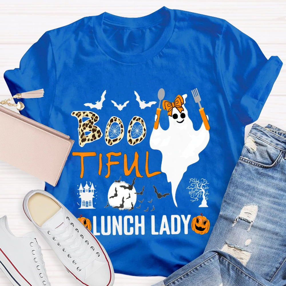 Boo Tiful Lunch Lady Ghost Holding Cooking Utensils T-shirt