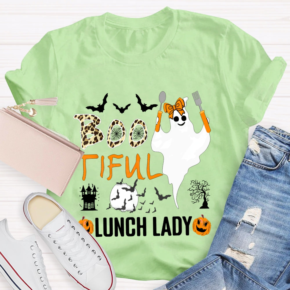 Boo Tiful Lunch Lady Ghost Holding Cooking Utensils T-shirt