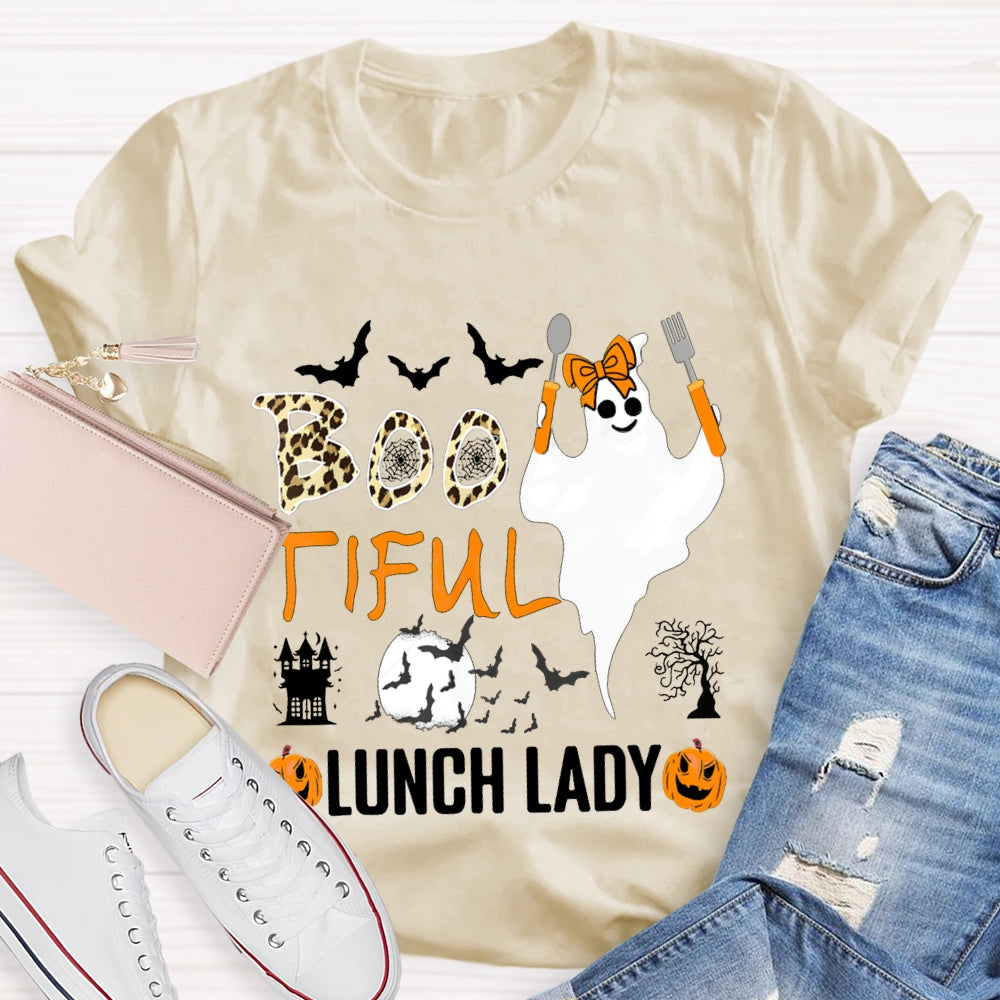 Boo Tiful Lunch Lady Ghost Holding Cooking Utensils T-shirt