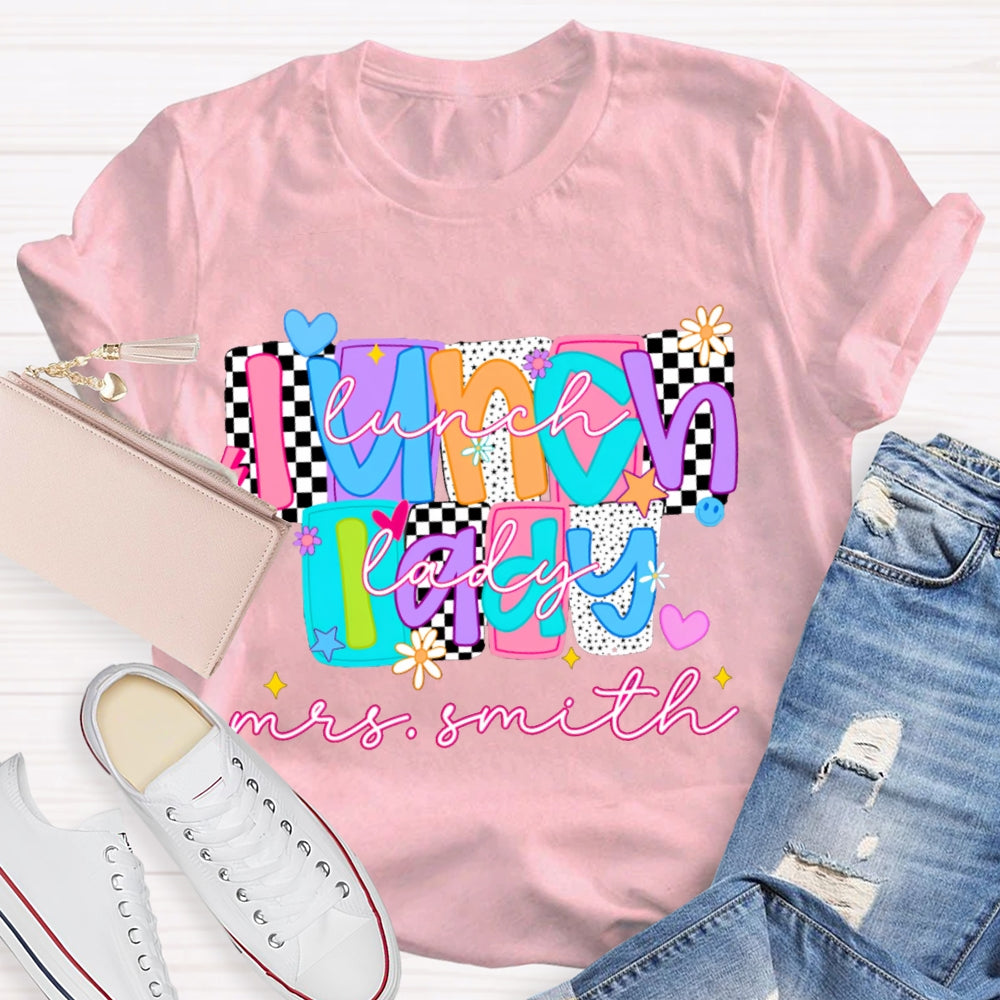 Personalized Name Lunch Lady Tiled Color Fonts T-shirt