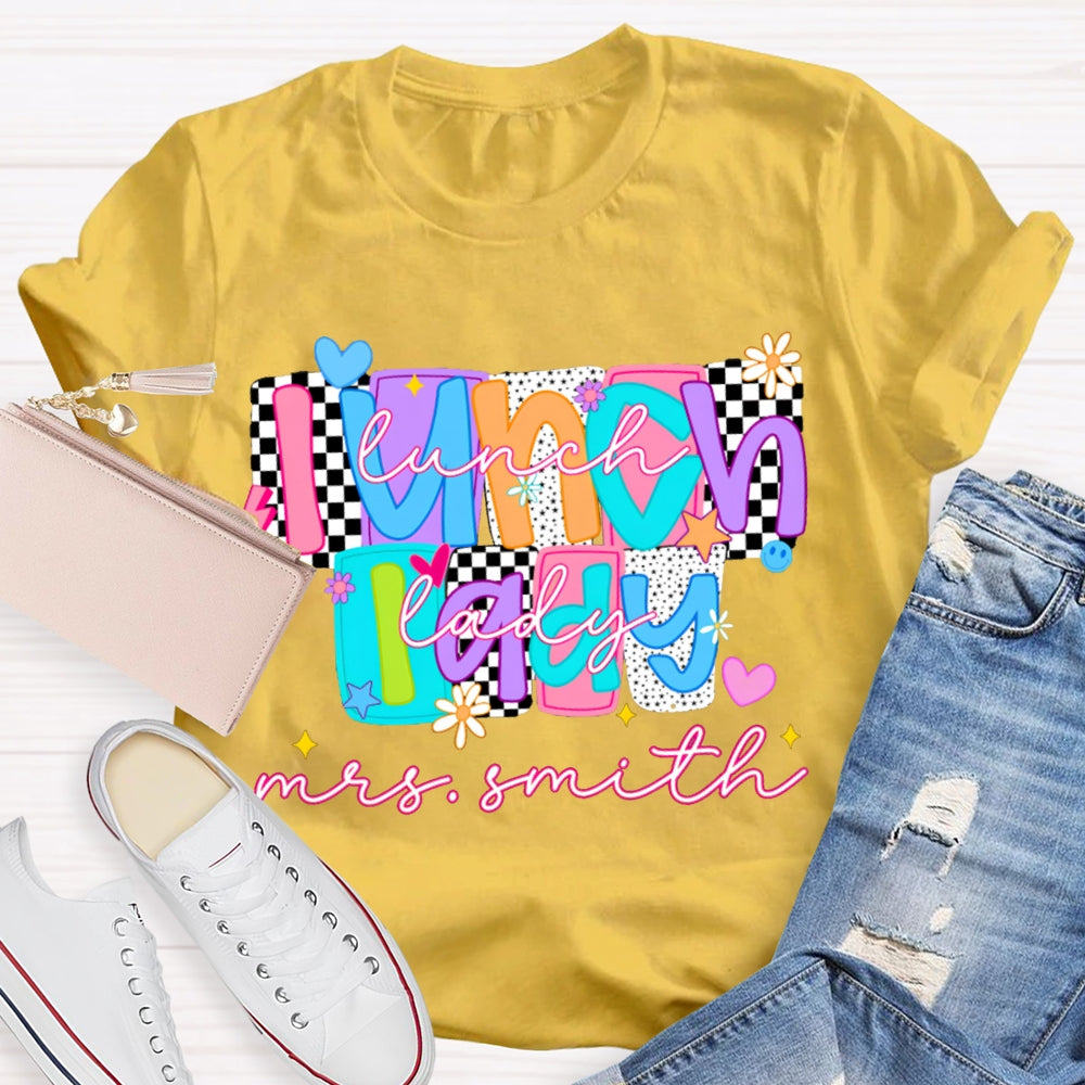 Personalized Name Lunch Lady Tiled Color Fonts T-shirt