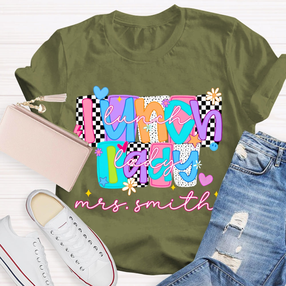 Personalized Name Lunch Lady Tiled Color Fonts T-shirt