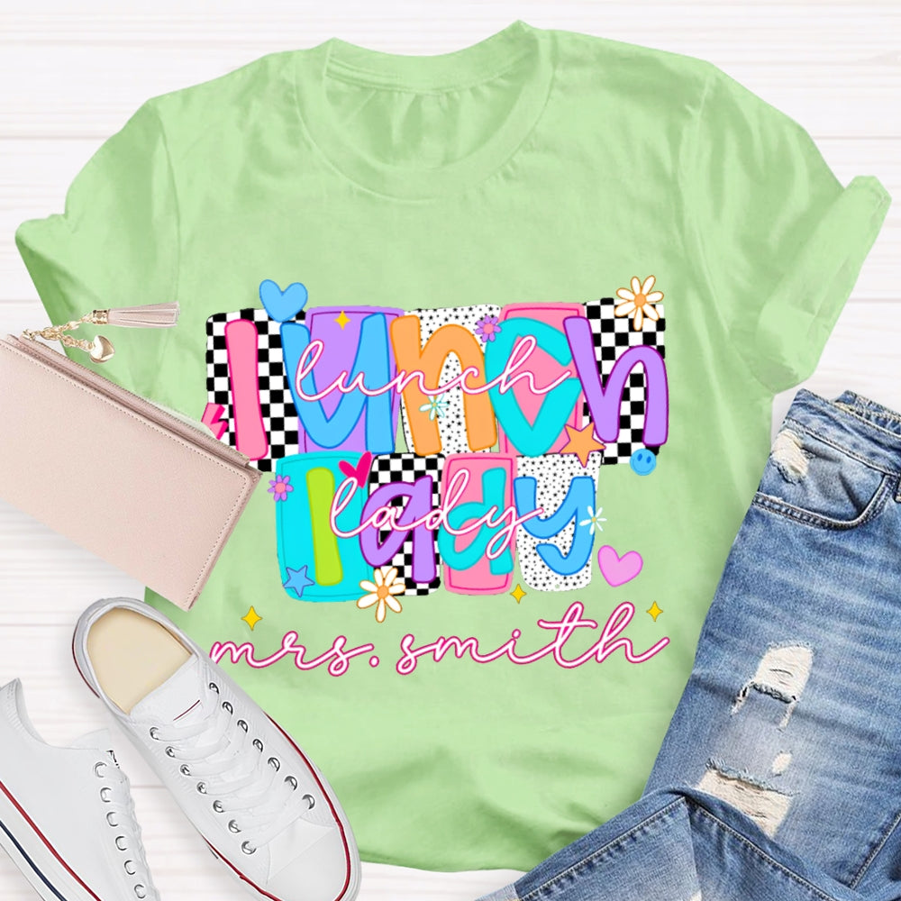 Personalized Name Lunch Lady Tiled Color Fonts T-shirt