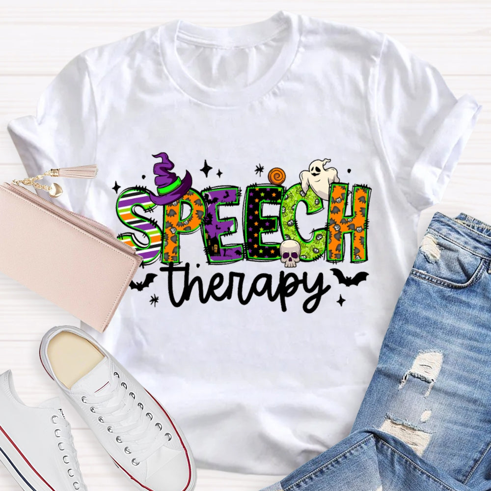 Speech Therapy Colorful Fonts And Ghosts Halloween T-shirt