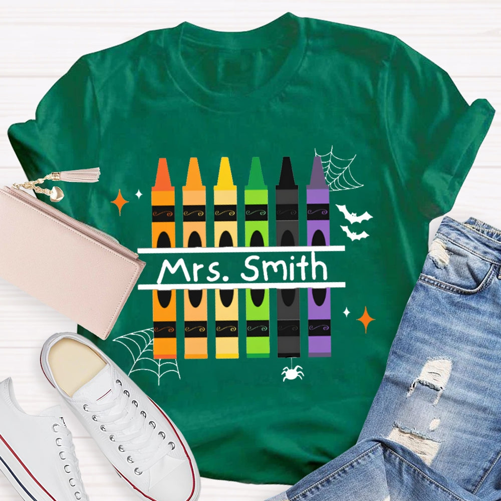 Personalized Name Colored Crayons And Spiders Halloween T-shirt