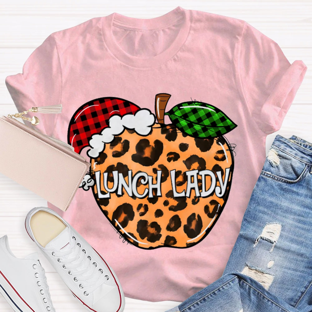 Lunch Lady Leopard Print Apple And Santa Hat T-shirt