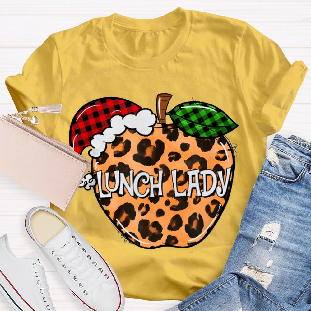 Lunch Lady Leopard Print Apple And Santa Hat T-shirt