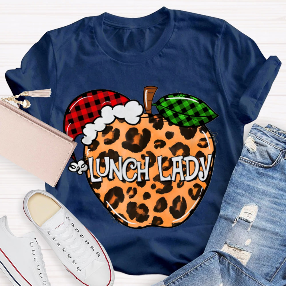Lunch Lady Leopard Print Apple And Santa Hat T-shirt