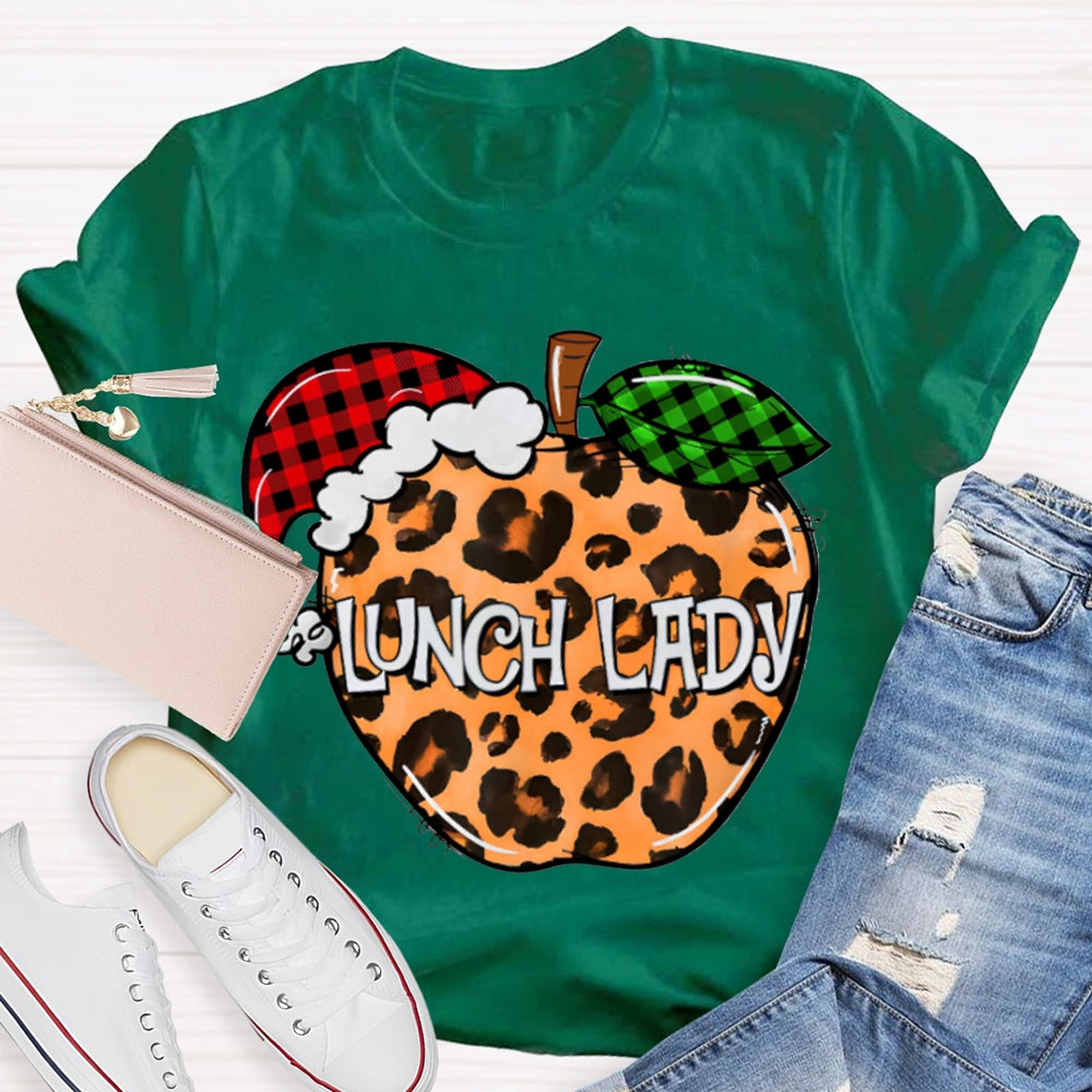 Lunch Lady Leopard Print Apple And Santa Hat T-shirt