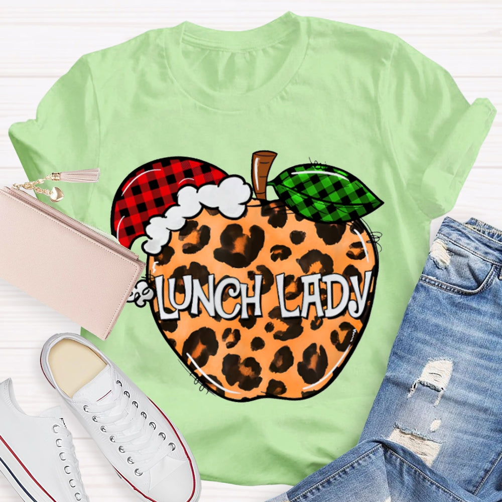 Lunch Lady Leopard Print Apple And Santa Hat T-shirt