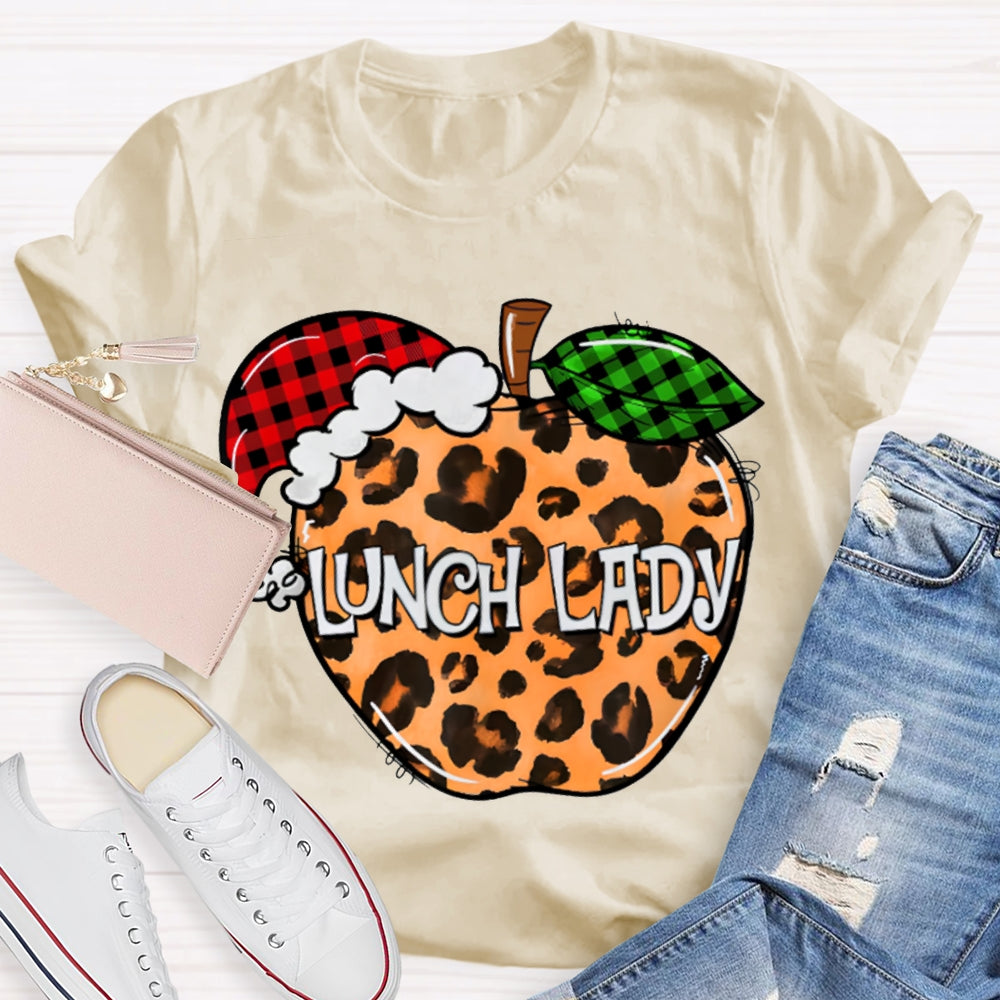 Lunch Lady Leopard Print Apple And Santa Hat T-shirt