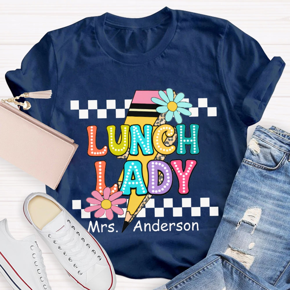 Personalized Name Lunch Lady Small Flower And Lightning Print T-shirt