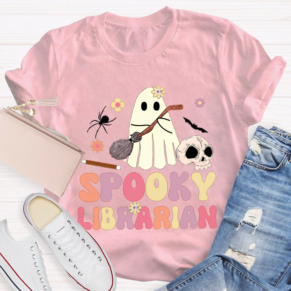 Spooky Librarian Cute Ghost Holding A Mop Halloween T-shirt