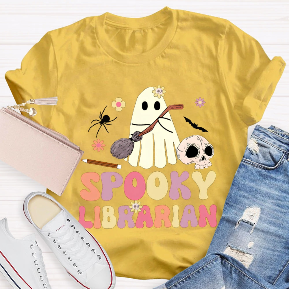 Spooky Librarian Cute Ghost Holding A Mop Halloween T-shirt