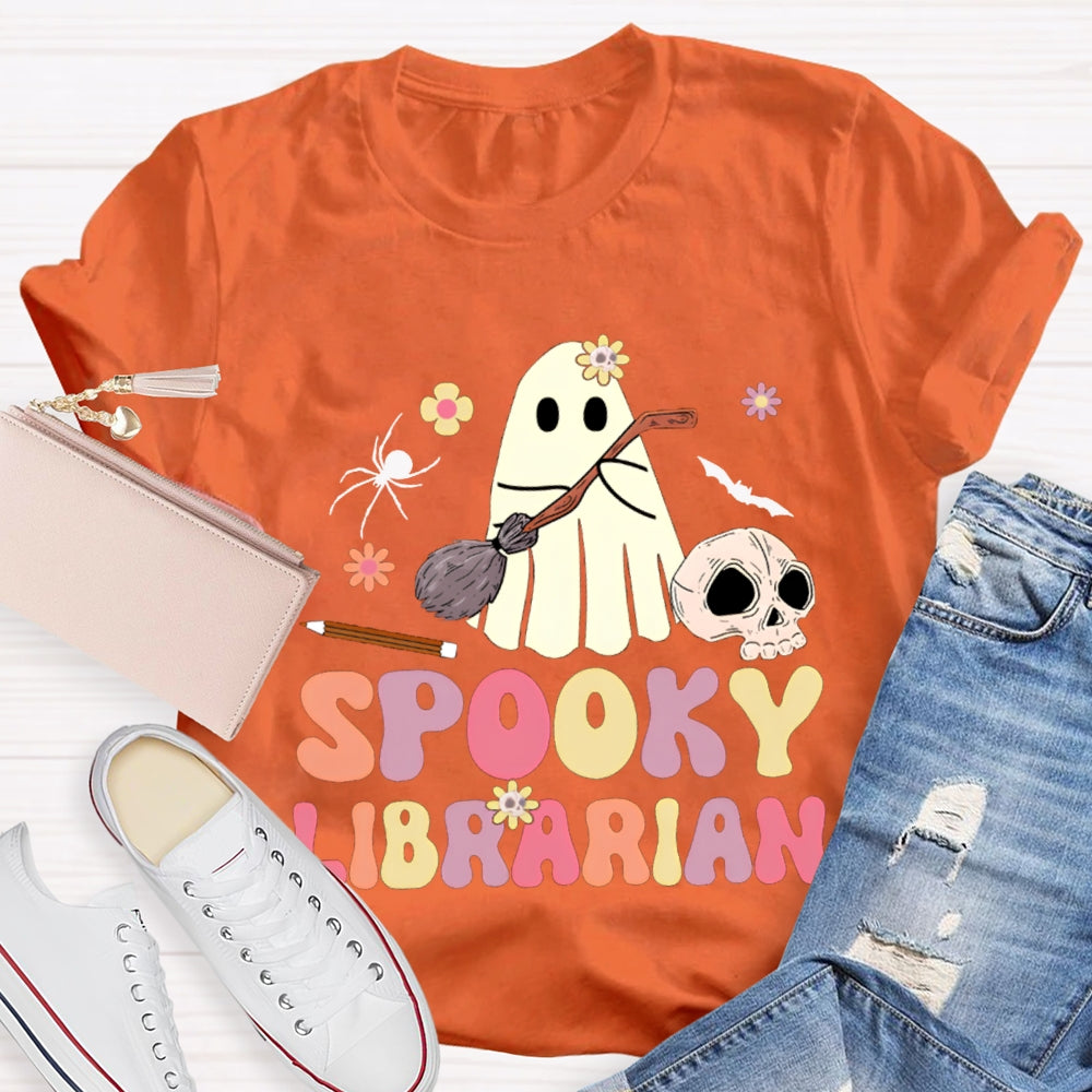 Spooky Librarian Cute Ghost Holding A Mop Halloween T-shirt
